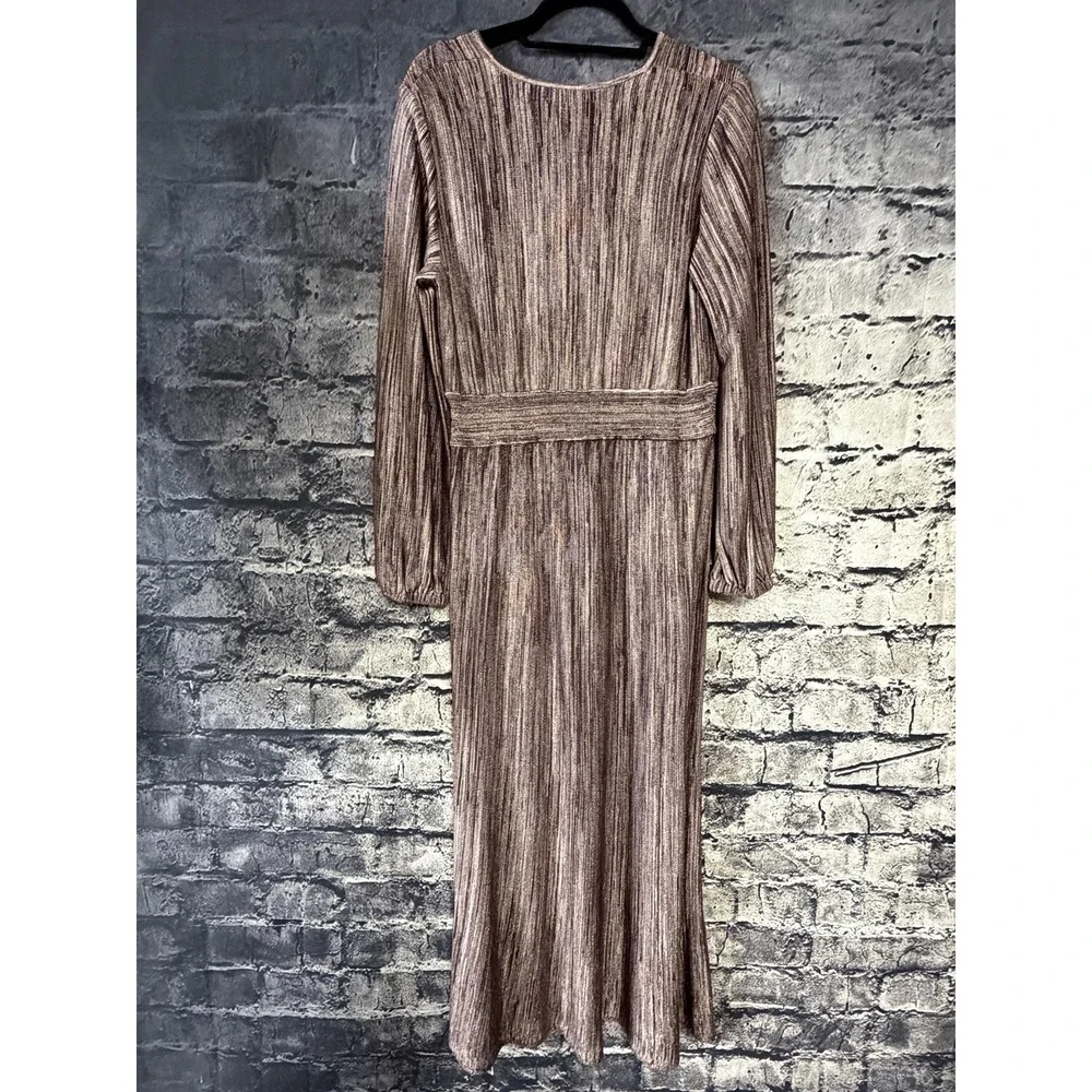 Misook Dress Womens Large Brown Striped Knit Pleated V Neck Long Sleeve Maxi - Picture 4 of 12